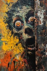 Curious zombie glimpsing out, decayed wall, sunset horror, wide angle, oil painting, terror feel