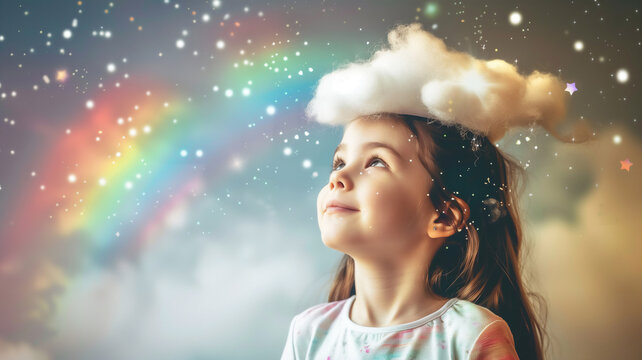 A young girl has fun playing in her thoughts dreams and creativity ,girl with cloud and rainbow pop up above her head .