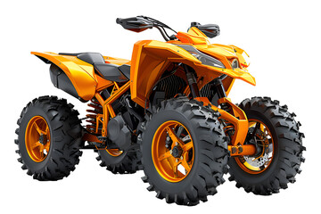 A playful 3D cartoon-style image of an orange ATV with oversized wheels performing a wheelie.