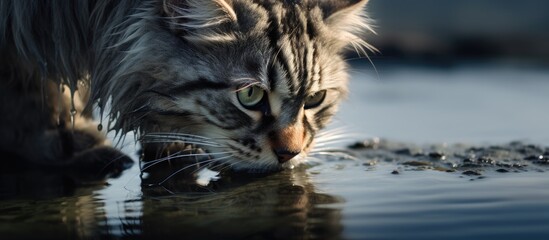 An image showing a cat quenching its thirst by drinking water from a natural pond in a serene outdoor setting