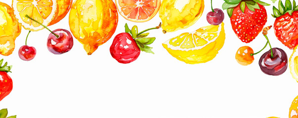 Colorful watercolor painting of ripe fruits such apples, bananas, oranges, grapes arranged in a bunch. Background for healthy living. Diet, proper nutrition. Organic products. Banner. Copy space - obrazy, fototapety, plakaty