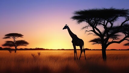 Giraffe in the African savannah against the backdrop of sunset. Tanzania. Africa. - obrazy, fototapety, plakaty