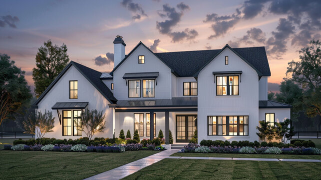 As night falls, the modern farmhouse luxury home exterior exudes elegance and charm against the twilight sky. --ar 16:9 --v 6.0 - Image #4 @Zubi