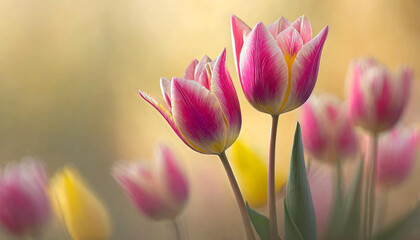 Różowo-żółte Tulipany, tapeta, dekoracja. Generative AI - obrazy, fototapety, plakaty