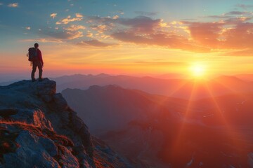 Fototapeta premium A man stands triumphantly on the summit of a towering mountain as the sun sets in the background, An invigorating sunrise view from a mountaintop with a backpacker greeting the new day, AI Generated
