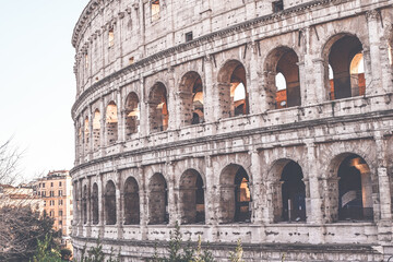 Fototapeta na wymiar View of Colosseum in Rome, Italy. Rome architecture and landmark. Rome Colosseum is one of the main attractions of Rome and Italy