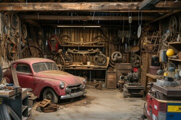 An aged automobile is sitting inside a garage, its red exterior fading, as it remains stationary, An old, rustic garage with multiple car parts scattered around, AI Generated