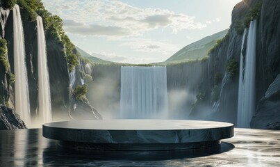 Empty Round Podium in the Middle of Waterfall Valley Background with Copy Space. A Stage Amidst Waterfall Valley