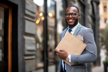 A professional man confidently holds a folder while dressed in a suit and tie, An optimistic business owner presenting a proposal to get a loan, AI Generated