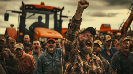 Middle-aged man is calling a crowd of people to a meeting, with a large stream of tractors in the...
