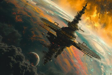 An artwork depicting a space ship suspended in the sky, showcasing its futuristic design against a backdrop of clouds, An orbital space station hovering over a multi-colored gas giant, AI Generated