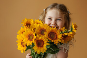 Portrait of a happy little girl with a bouquet of sunflower flowers isolated on an empty beige background with space for text or inscriptions
