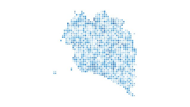 Ko Pha Ngan dotted digital map. Map of Ko Pha Ngan with pulsating colored circles. Shape of the island filled with blue disks. Trendy video.