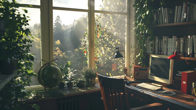 Cozy workspace with vintage charm, overlooking nature. --ar 16:9 --v 6.0 - Image #3 @Zubi