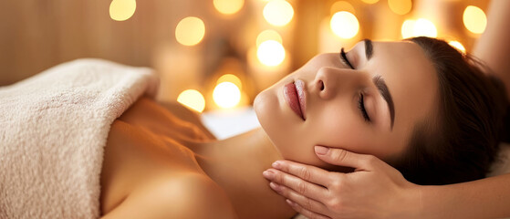 Obraz na płótnie Canvas Woman facial massage on spa centre. Beautiful female has relax. Wellness, recreation concept. Face Care. Cosmetology mock up. Generative ai