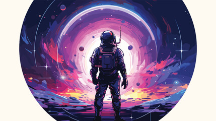Spaceman in a spacesuit stands in front of spaceship - obrazy, fototapety, plakaty