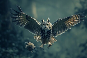A majestic owl flies through the air, displaying its impressive wingspan as it gracefully glides through the sky, An owl silently swooping down on an unsuspecting rabbit, AI Generated - obrazy, fototapety, plakaty