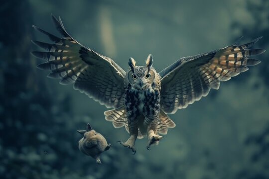 A majestic owl flies through the air, displaying its impressive wingspan as it gracefully glides through the sky, An owl silently swooping down on an unsuspecting rabbit, AI Generated