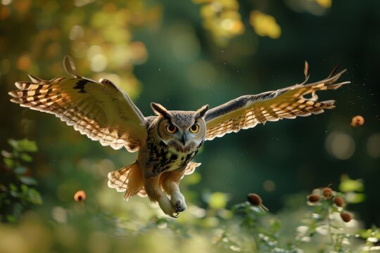 A powerful owl gracefully flies through the air, displaying its outstretched wings in full flight, An owl silently swooping down on an unsuspecting rabbit, AI Generated