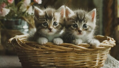Fototapeta na wymiar cute kittens in a wicker basket 