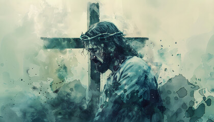 Digital watercolor painting of Jesus carrying his cross, depicting the traditional Christian icon of the crucifixion and sacrifice. Suitable for religious holidays and spiritual themes.