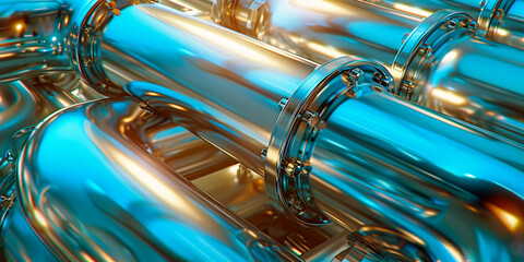Metallic and industrial background, closeup of steel machinery with blue light reflections