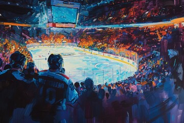A painting depicting an intense hockey game in full swing, capturing the players in action on the ice, Artwork showcasing a view from the stands of a packed ice hockey stadium, AI Generated - obrazy, fototapety, plakaty