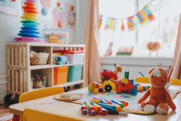 A photo of a childs play room showcasing a table filled with various toys, Balancing work and childcare in a home environment, AI Generated