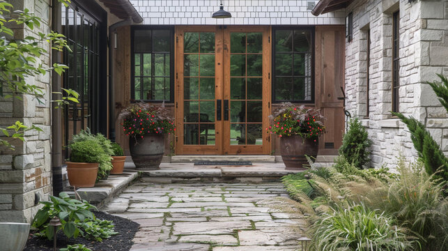 Entrance to modern farmhouse, potted plants line the pathway. Wooden door boasts glass and forging for elegance. --ar 16:9 --v 6.0 - Image #1 @Zubi