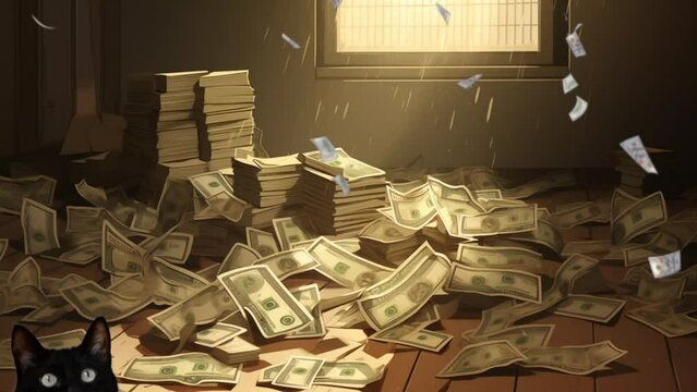 Animation of money falling with a cat watching it. seamless looping 4k time-lapse animation video background