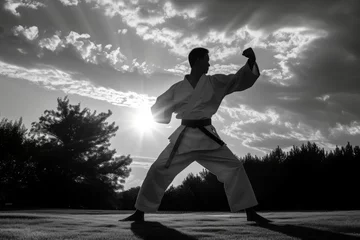 Fotobehang A man dressed in a traditional kimono is actively engaged in practicing karate techniques, displaying strength and precision, Black and white image of a karate stance, AI Generated © Iftikhar alam