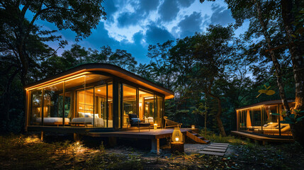 Exclusive glamping retreatstylish villa and glass cottage nestled in the tranquil woods, offering a serene escape under the night sky. --ar 16:9 --v 6.0 - Image #1 @Zubi