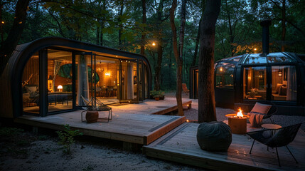 Exclusive glamping retreatstylish villa and glass cottage nestled in the tranquil woods, offering a serene escape under the night sky. --ar 16:9 --v 6.0 - Image #3 @Zubi