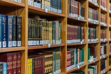 A Library Filled With Abundant Books on Wooden Shelves, Bookshelf filled with Islamic literature and holy Quran in a mosque library, AI Generated