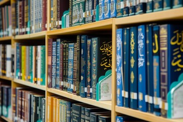 A Bookshelf Filled With a Variety of Books, Bookshelf filled with Islamic literature and holy Quran in a mosque library, AI Generated - obrazy, fototapety, plakaty