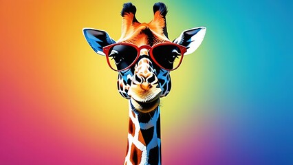 Funny giraffe with glasses on a colorful background, portrait of a giraffe with glasses