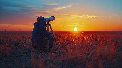 Man Observing Sunset Through Telescope