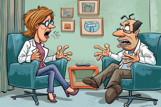 A cartoon depicting a woman in a state of anger, shouting at a man, Cartoon style image of a patient and therapist having a funny incident during therapy, AI Generated - Powered by Adobe