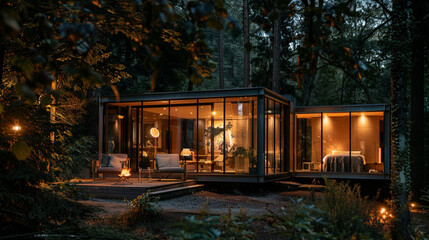 Luxury glamping setupsleek villa and glass cottage nestled in woods, aglow in the night. --ar 16:9...