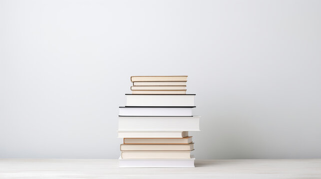 Stack of books against minimalistic solid white background. Love for  literature and reading concept. Banner for World Book Day event with copy space.  