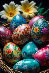 Fototapeta na wymiar Group of Painted Easter Eggs with Intricate Carvings