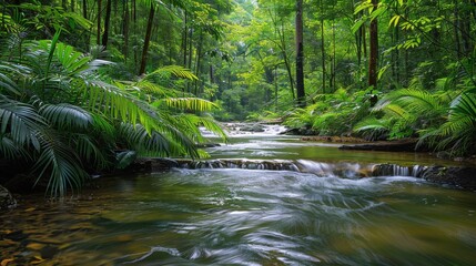 Fototapeta premium Stream Flowing Through Lush Green Forest