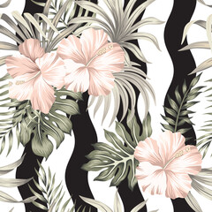 Tropical pink hibiscus flower, palm leaves seamless pattern. Exotic jungle wallpaper.	
