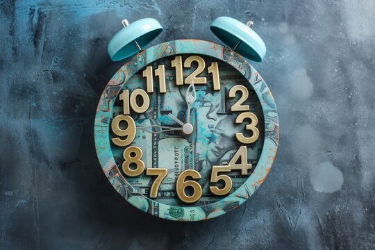A clock is simple and functional, mounted securely on a wall, displaying the time accurately, Clock shape with dollar signs instead of numbers symbolising time value of money, AI Generated