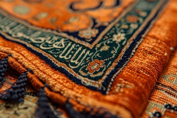 A detailed view of a rug with a combination of orange and blue colors, Close-up detail of a woven Islamic prayer rug, AI Generated