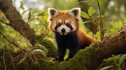 Curious red panda exploring its habitat clos up