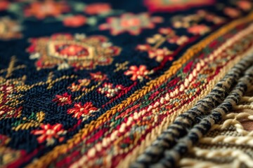 A detailed view of a vibrant rug featuring a multitude of bright colors, Close-up detail of a woven Islamic prayer rug, AI Generated - obrazy, fototapety, plakaty