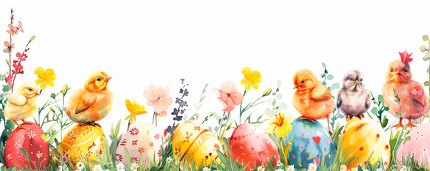 Naklejka premium A painting depicting colorful Easter eggs hidden among vibrant flowers in a field. On-trend holiday easter. Frame border. Banner. Copy space