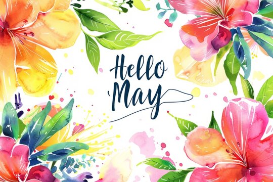 "HELLO MAY", spring colorful watercolor floral background vector illustration with white space in the middle, beautiful flowers and splashes of color Generative AI