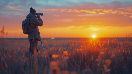 Man Observing Sunset Through Telescope